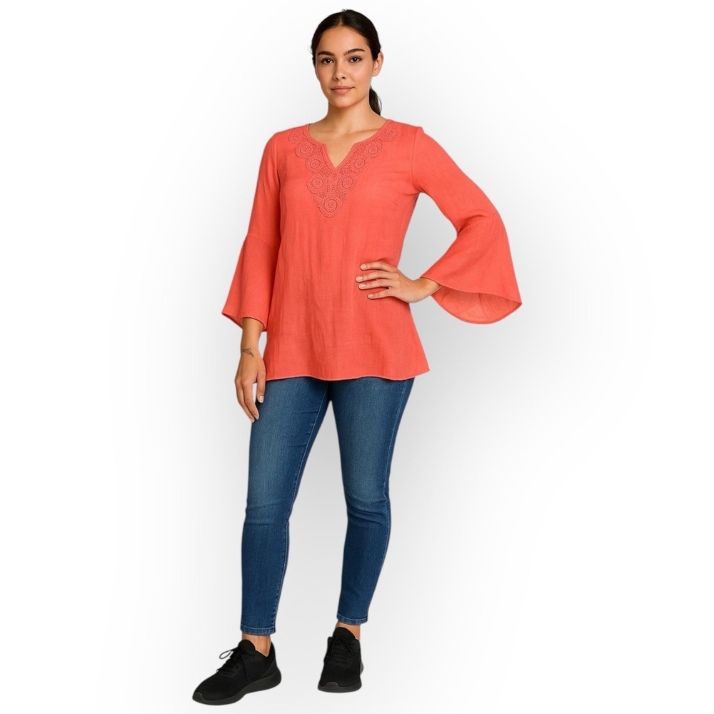 Zac & Rachel Coral Crochet Neck Bell Sleeve Blouse Women Medium Boho Top
